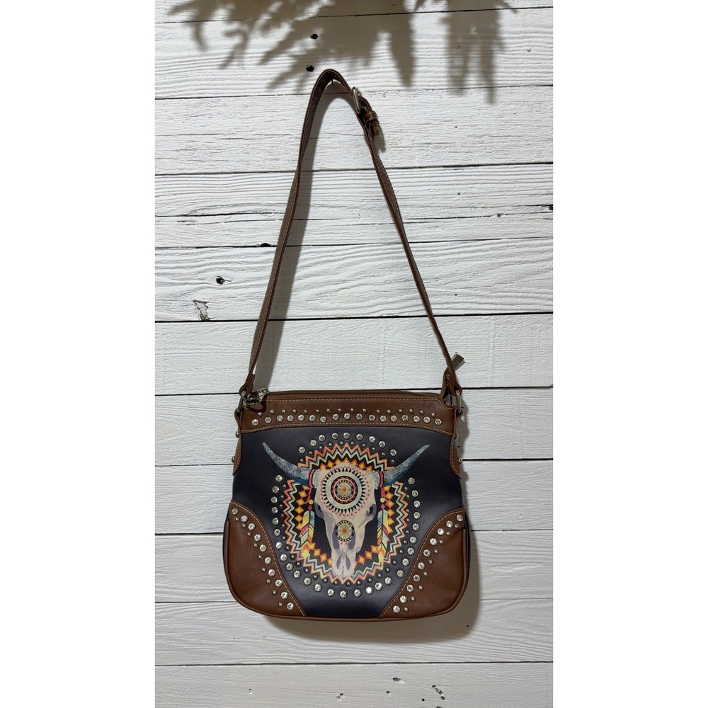 Montana West Western Steer Skull Rhinestone Studded Crossbody Bag Brown Black